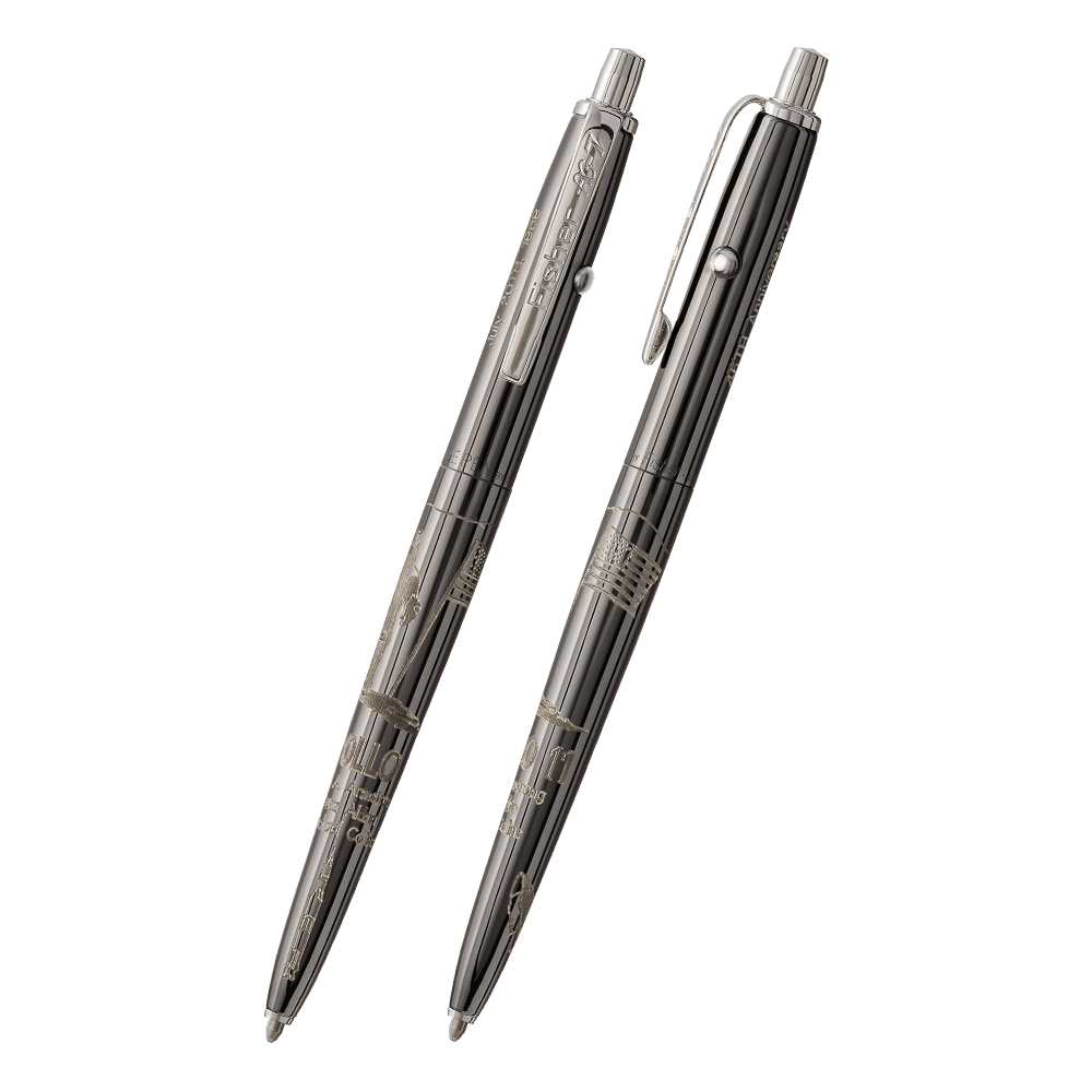 Front and side views of the AG7-45LE Apollo 11 45th Anniversary Astronaut Space Pen, Limited Edition space pen in Dark Matter black titanium nitride with chrome accents. The chrome clip is stamped Fisher AG-7. The chrome button to extract the refill is o