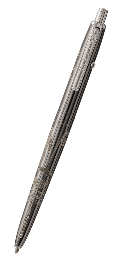 AG7-45LE Apollo 11 45th Anniversary Astronaut Space Pen, Limited Edition space pen in Dark Matter black titanium nitride with chrome accents. The chrome clip is stamped Fisher AG-7. The chrome button to extract the refill is on the end of the pen, the chr