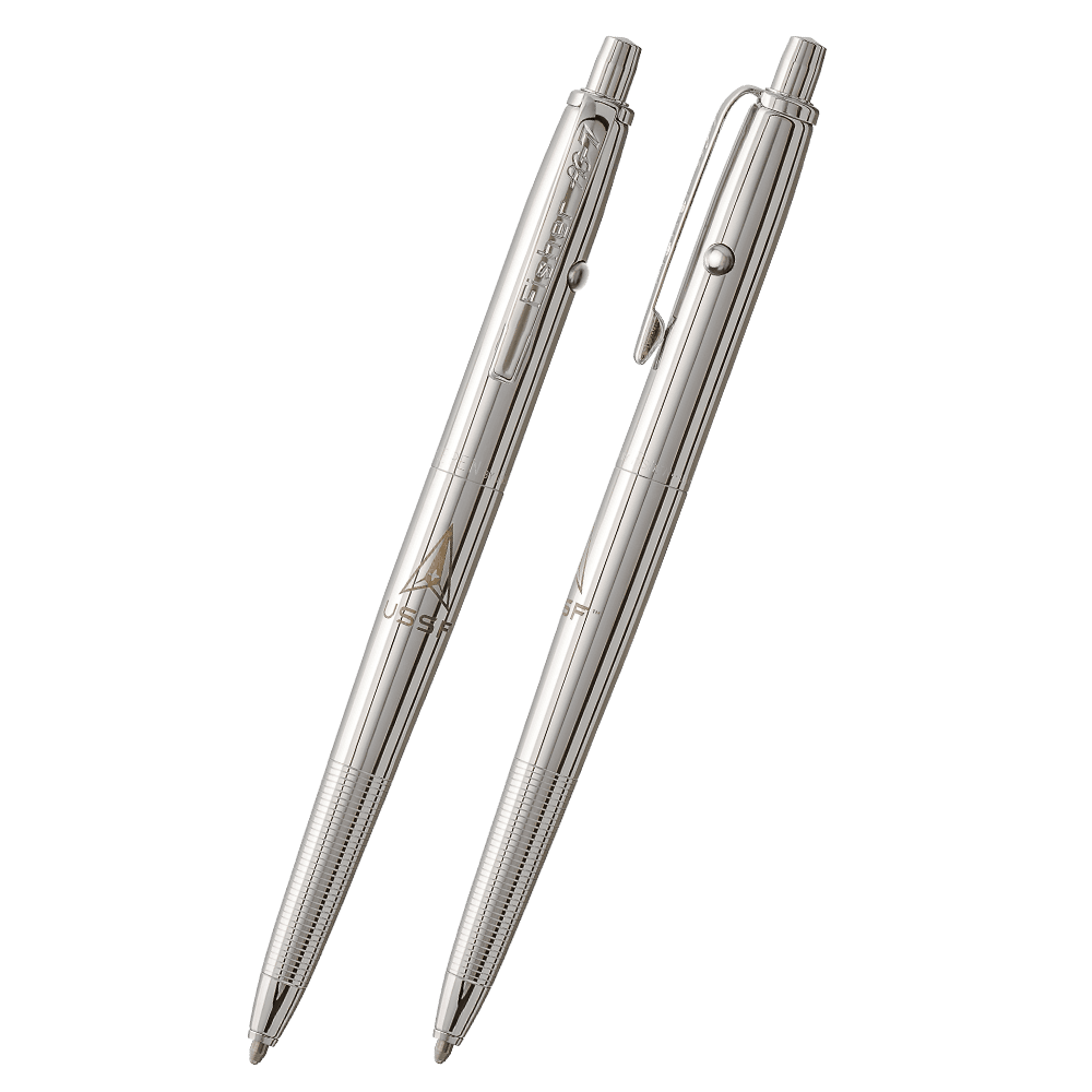 Front and side views of the AG7-SFD Original Astronaut Space Pen in chrome with the US Space Force insignia. The clip is stamped Fisher AG-7. The button to extract the refill is on the end of the pen, the retract button is on the side of the pen near the