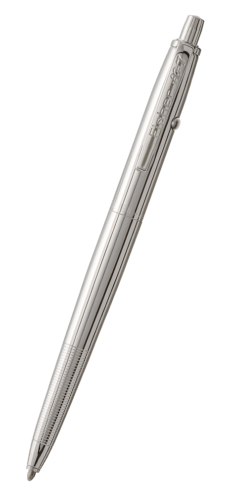 AG7 Original Astronaut Space Pen in chrome. The clip is stamped Fisher AG-7. The button to extract the refill is on the end of the pen, the retract button is on the side of the pen near the clip. The finger grip area is knurled.