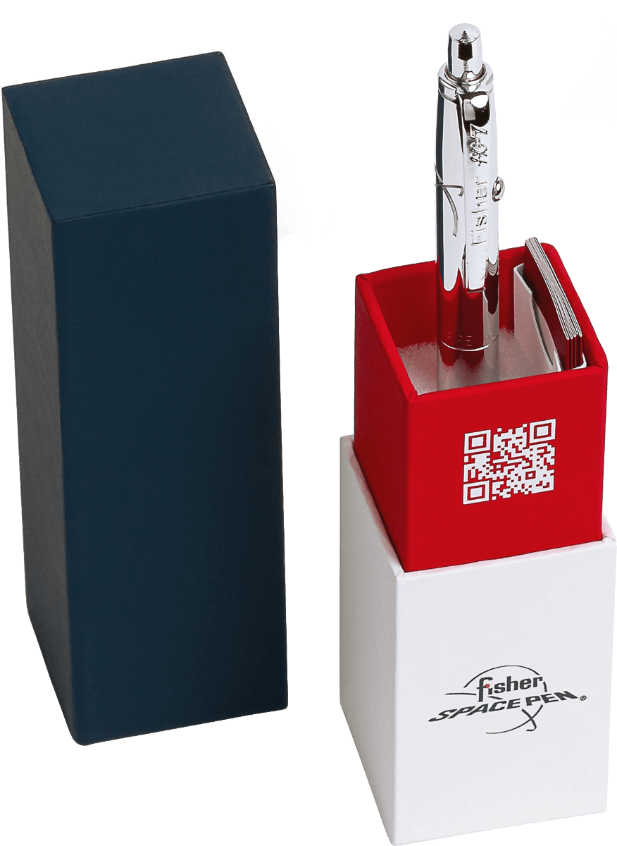 AG7E in its gift box. The bottom of the box is white with the Fisher Space Pen logo. The pen is inserted into the red portion that is imprinted with the Fisher Space Pen QR code. The top of the box is dark blue.